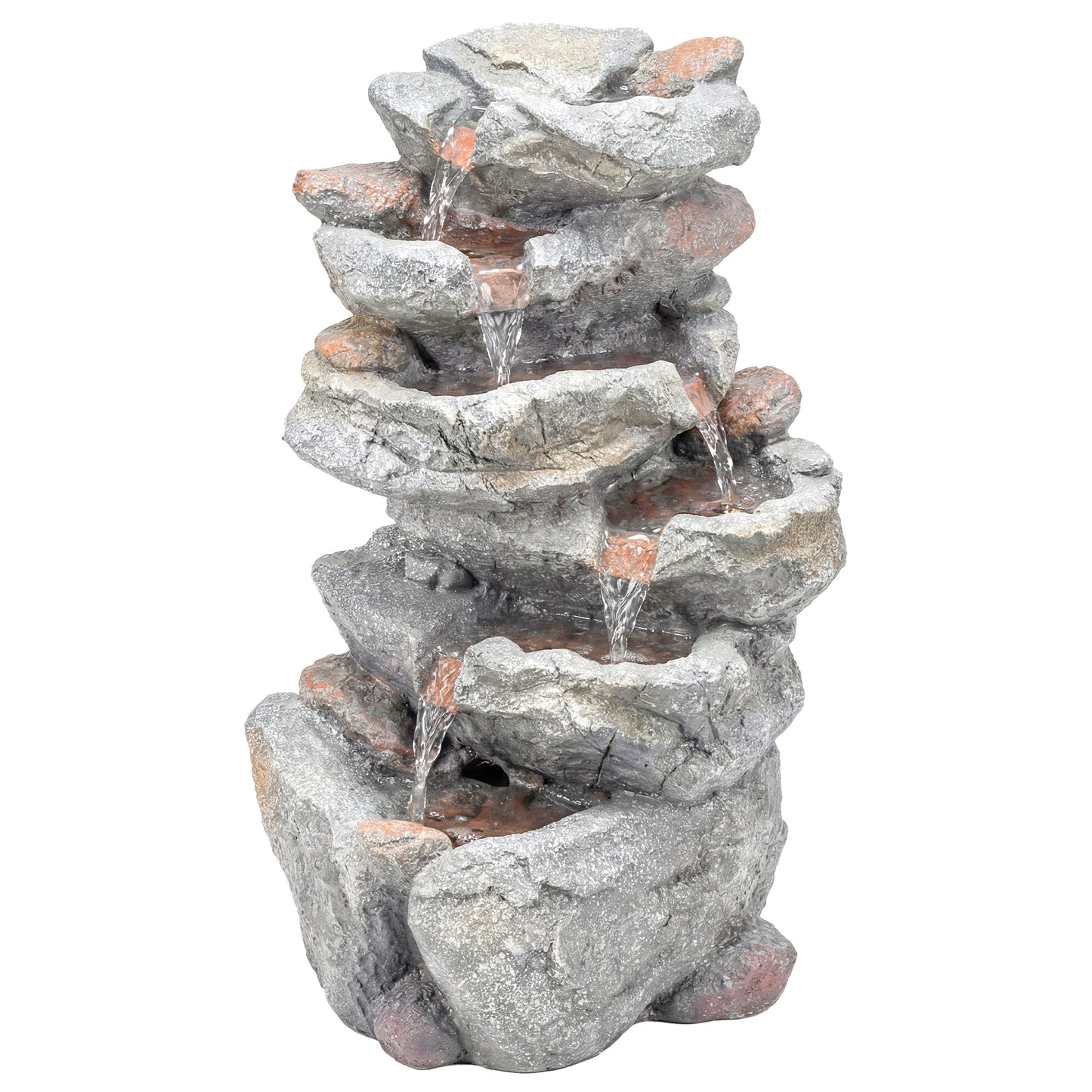 Outsunny Outdoor Water Fountain with 6-Tier Rock Style, Cascading Waterfall Feature with LED Lights, Adjustable Flow, Grey