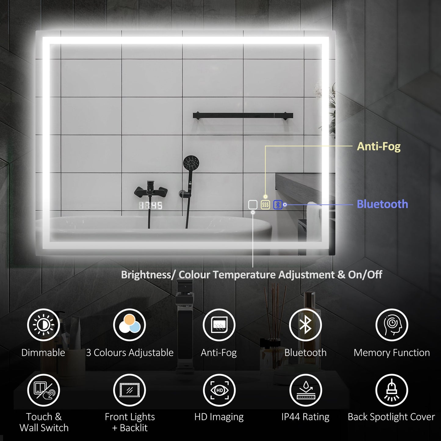 HOMCOM 60 x 80 cm Anti-Fog LED Bathroom Mirror, with Bluetooth and Clock - Silver Tone