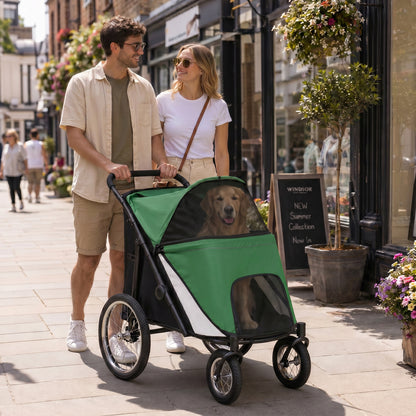 PawHut Foldable Pet Stroller, with Washable Cushion, Storage Bags, Safety Leash, for Medium, Large Dogs, Cats - Green