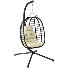 Outsunny Rattan Hanging Egg Chair, Foldable Wicker Hammock Swing Chair with Cushion, Stand, Adjustable Height, Head Pillow, Steel Frame for Garden Patio Indoor Outdoor, Cream White