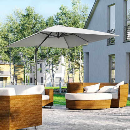 Outsunny 2.7 x 2.7 m Cantilever Parasol, Square Overhanging Umbrella with Cross Base, Crank Handle, Tilt, 360 degrees Rotation and Aluminium Frame, Grey