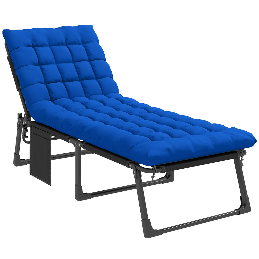 Outsunny Folding Sun Lounger for Garden, 5-Position Oversized Camping Bed Recliner with Cushions, Blue