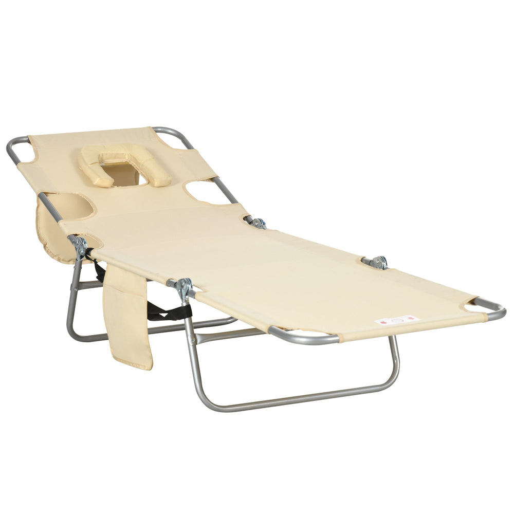 Outsunny Foldable Sun Lounger, Beach Chaise Lounge with Reading Hole, Arm Slots, 5-Position Adjustable Backrest, Side Pocket, Pillow for Garden, Beach, Pool, Beige