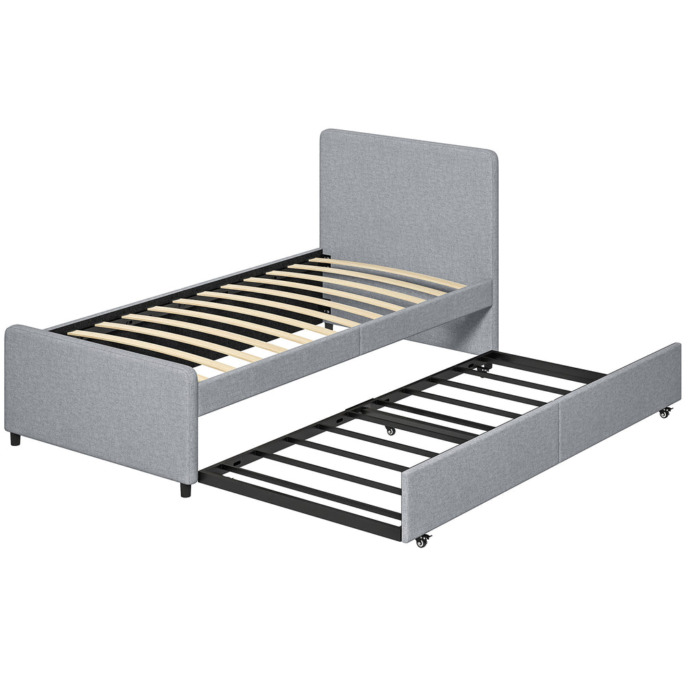 HOMCOM 3ft Single Bed Frame with Trundle, Upholstered Pull Out Trundle Bed with Headboard and Footboard, Light Grey