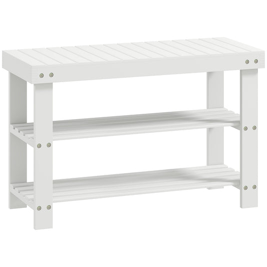 HOMCOM Two Shelf Bamboo Shoe Storage Bench - White
