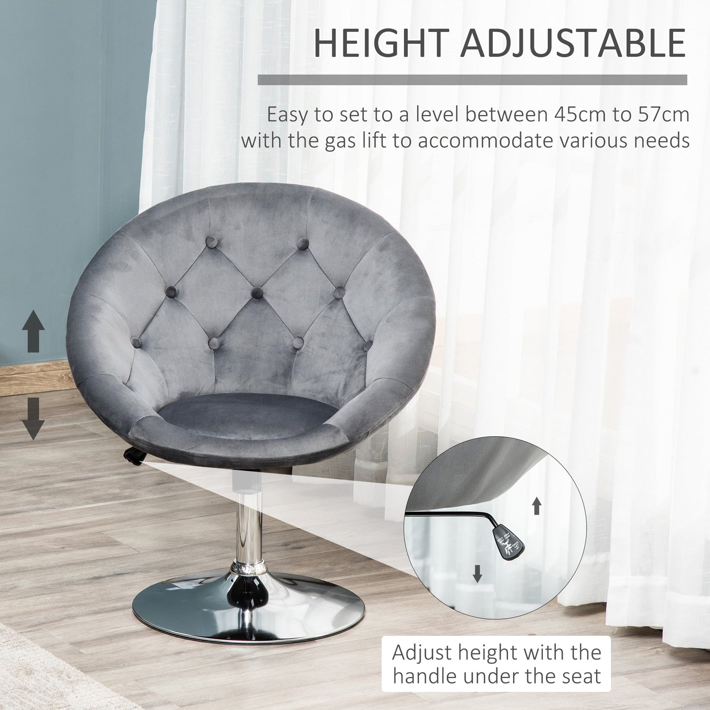 HOMCOM Swivel Dressing Stool, Velvet-feel Upholstered Vanity Chair, Adjustable Height Tub Makeup Chair with Button Tufting and Thick Padding for Bedroom, Grey