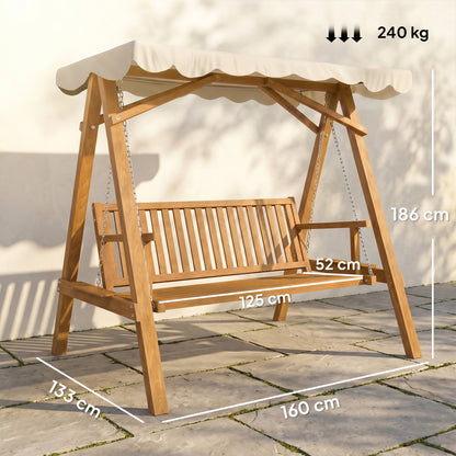 Outsunny 2 Seater Garden Swing Seat with Canopy, Wooden Swing Chair, Outdoor Hammock Bench for Balcony Patio Porch, Cream White