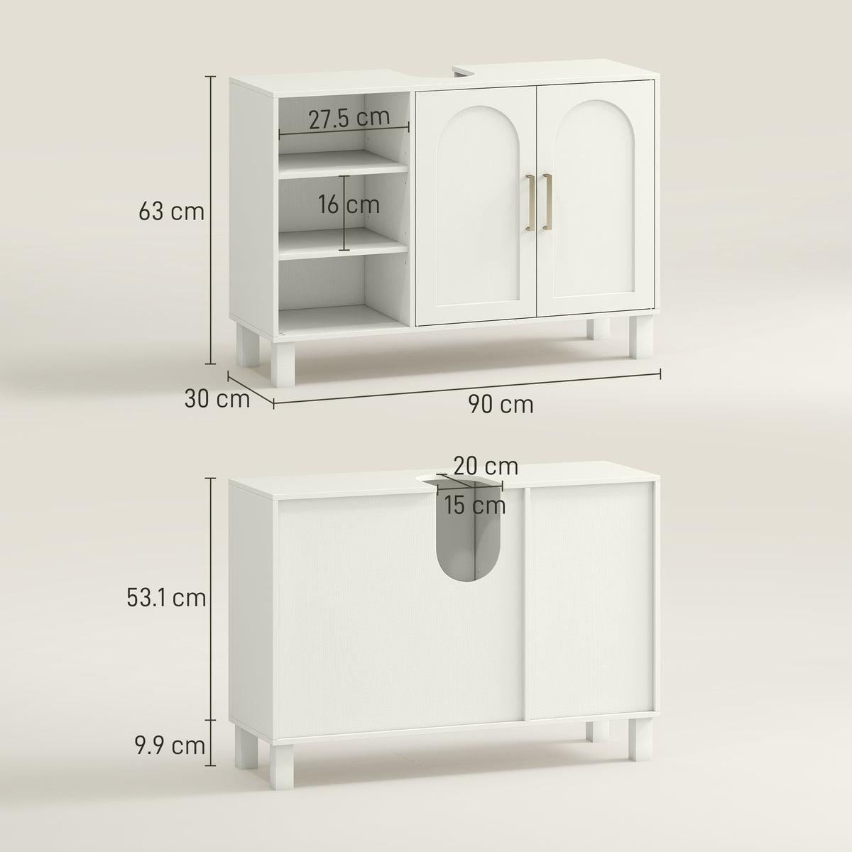 HOMCOM Under Sink Cabinet, Bathroom Sink Cabinet with U-Shaped Cutout, Two-Level Cupboard, Adjustable Shelf for Basin, Cream