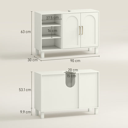 HOMCOM Under Sink Cabinet, Bathroom Sink Cabinet with U-Shaped Cutout, Two-Level Cupboard, Adjustable Shelf for Basin, Cream