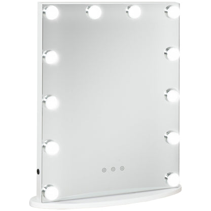 HOMCOM Hollywood Mirror with Lights for Makeup Dressing Table, Lighted Vanity Mirror with 12 Dimmable LED Bulbs and USB Plug in Power Supply, White