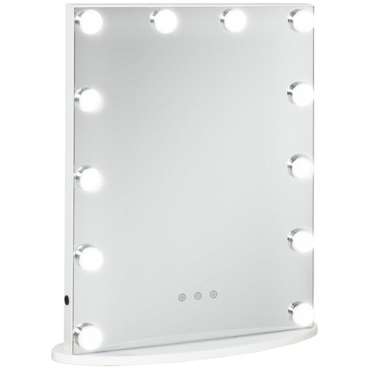HOMCOM Hollywood Mirror with Lights for Makeup Dressing Table, Lighted Vanity Mirror with 12 Dimmable LED Bulbs and USB Plug in Power Supply, White