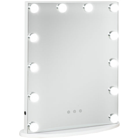 HOMCOM Hollywood Mirror with Lights for Makeup Dressing Table, Lighted Vanity Mirror with 12 Dimmable LED Bulbs and USB Plug in Power Supply, White