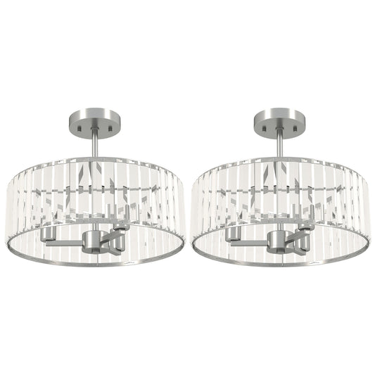 HOMCOM Crystal Ceiling Light Fixture Set of 2, Semi Flush Mount Modern Chandelier for Living Room, Bedroom and Hallway, 3-Lights with E14 Base, Silver Tone