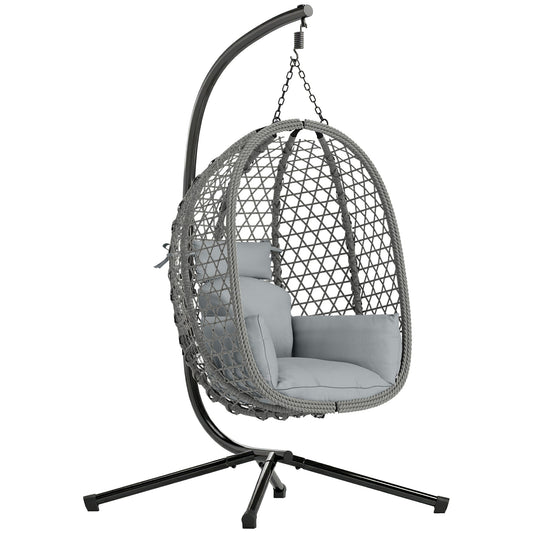 Outsunny Hanging Egg Chair, Indoor Outdoor Rattan Hammock Swing Chair with Stand, Safety Strap, Foldable Basket, Dark Grey