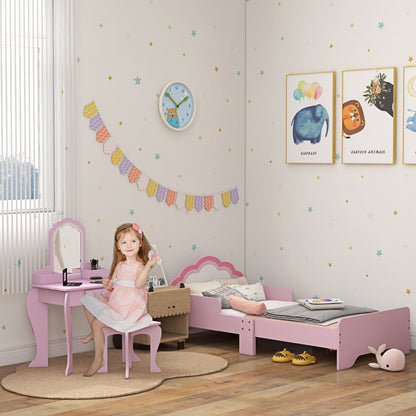ZONEKIZ Wooden Kids Bedroom Furniture Set with Kids Dressing Table, Stool, Bed, for 3-6 Years, Cloud-Design