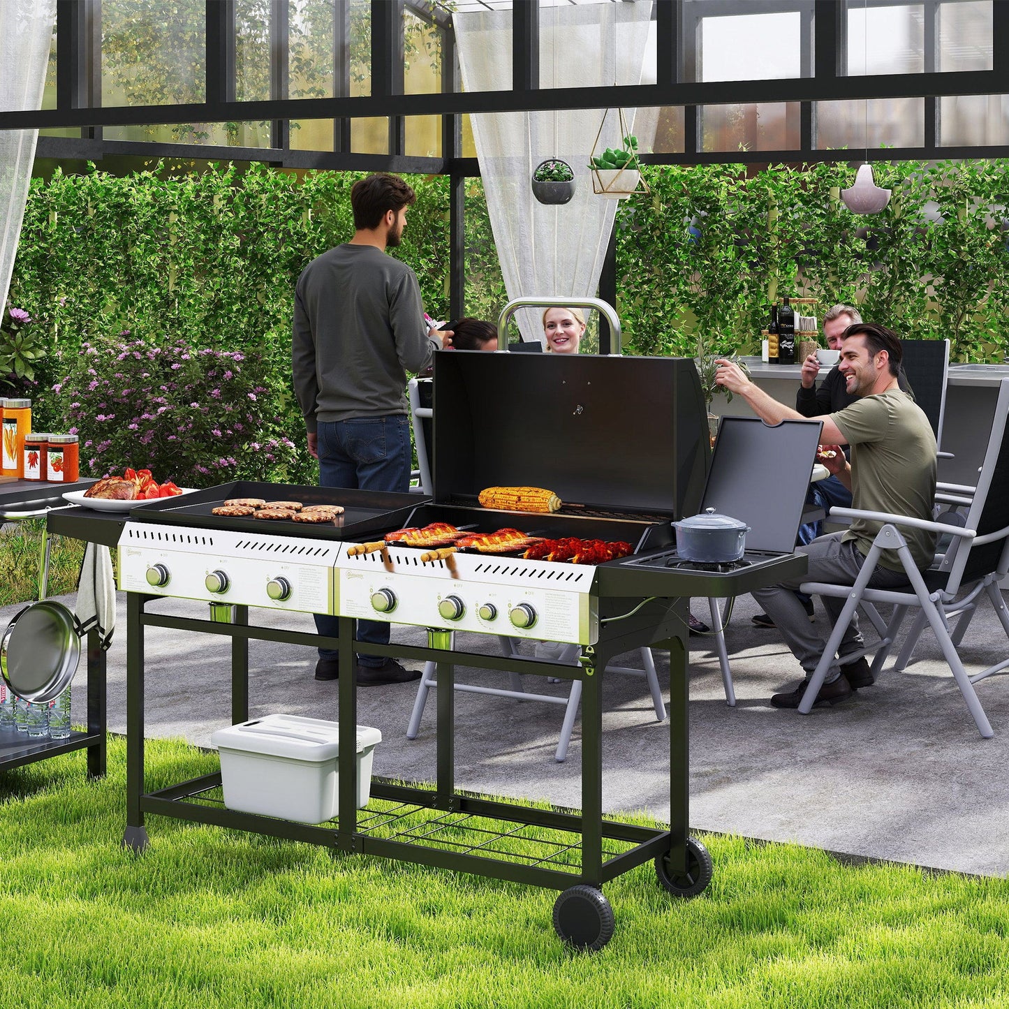 Outsunny Deluxe Duo Gas BBQ, with Grill, Plancha and Side Burner - Black