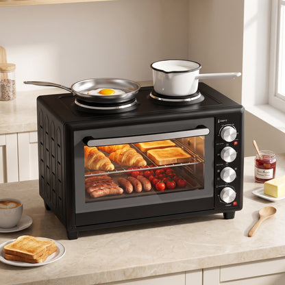 HOMCOM 46L Mini Oven with Dual Hot Plates, Electric Countertop Cooker with Convection, 90-230°C Adjustable Temperature