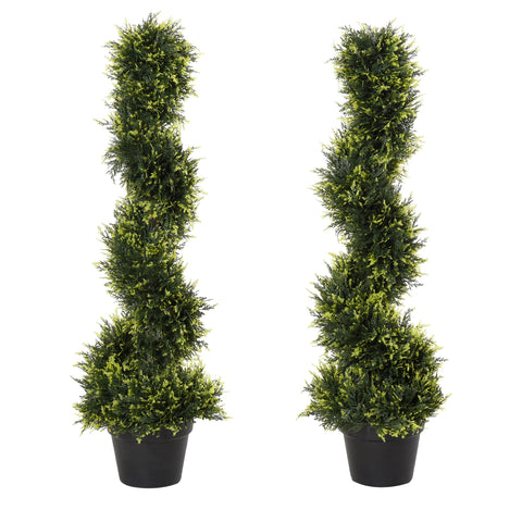 Outsunny 90cm/3FT Artificial Trees, Spiral Topiary Trees w/ Pot Set Of 2, Fake Indoor Greenery Plant Home Office Garden Decor Green
