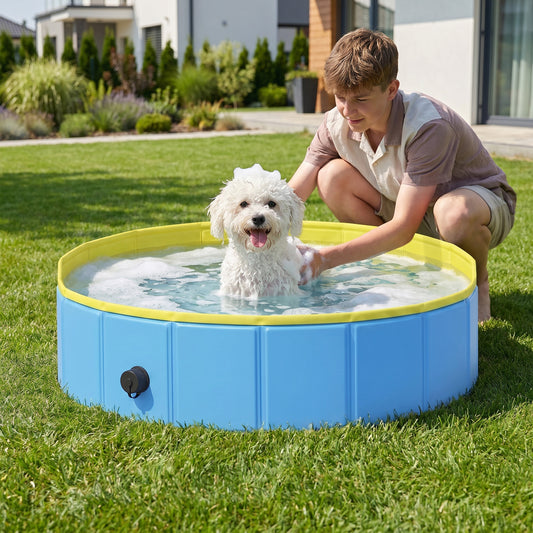 PawHut Foldable Dog Pool for Puppies and Ducks Dog Paddling Pool Bath Tub, Blue, 80 x 20 cm