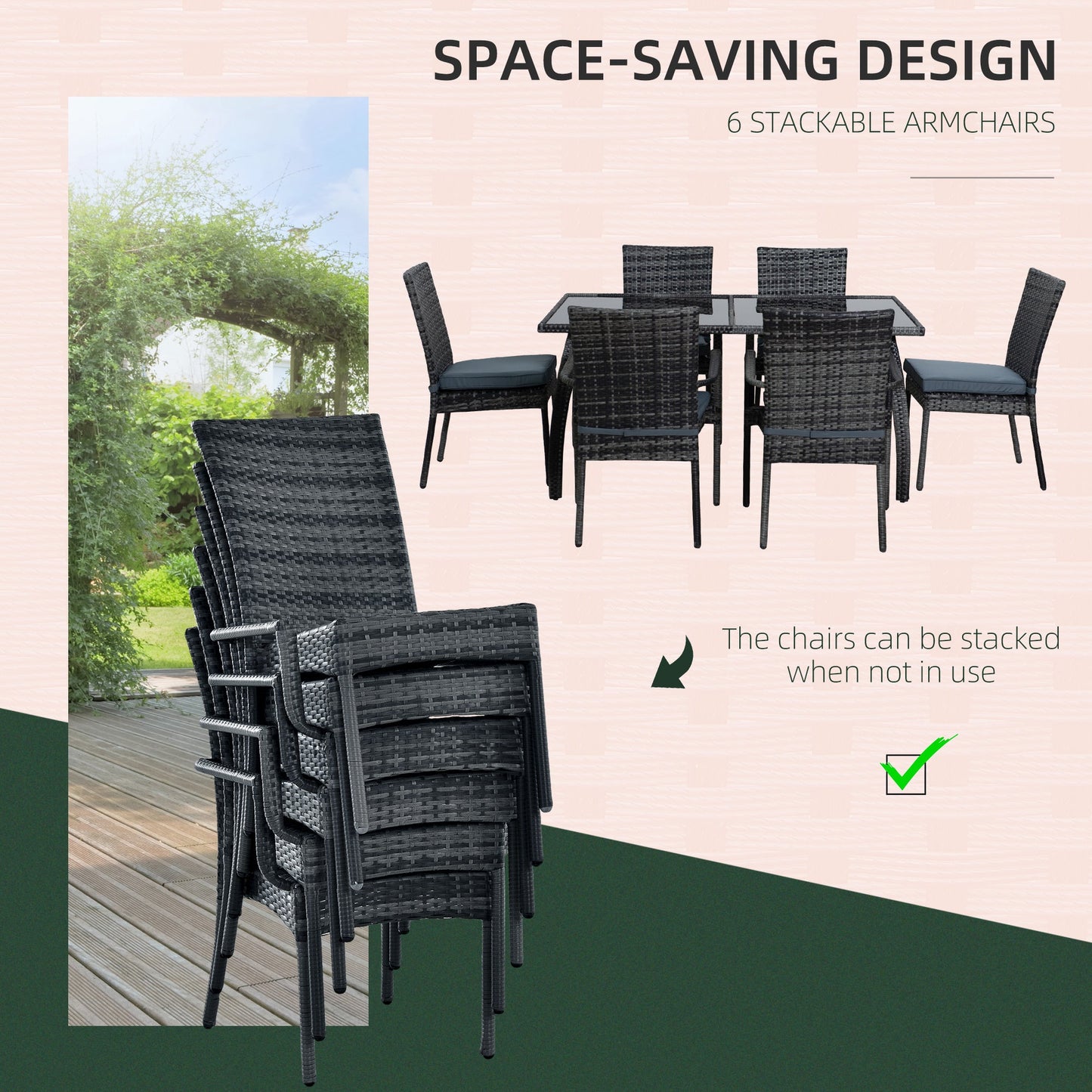 Outsunny 6 Seater Rattan Dining Set with Cushions, Rattan Garden Furniture Set, Outdoor Dining Table and Chairs with 6 Stackable Armchairs, Rectangular Glass Top Table for Patio, Balcony, Grey