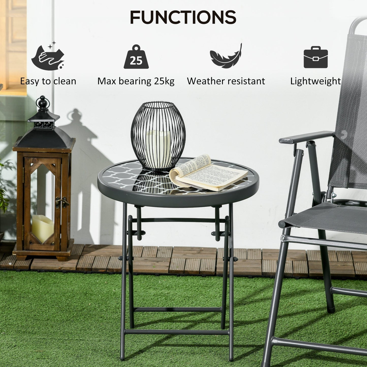 Outsunny a45cm Garden Side Table, Outdoor Round Folding Patio Table with Imitation Marble Glass Top, Small Coffee Table, Black and White