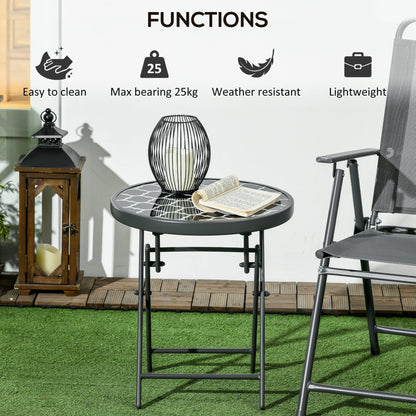 Outsunny a45cm Garden Side Table, Outdoor Round Folding Patio Table with Imitation Marble Glass Top, Small Coffee Table, Black and White