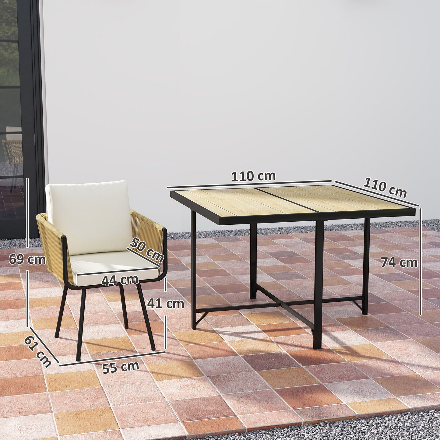 Outsunny 5 Piece Garden Furniture Set, Garden Dining Set with Wood-Plastic Table and 4 Stackable Chairs, Beige