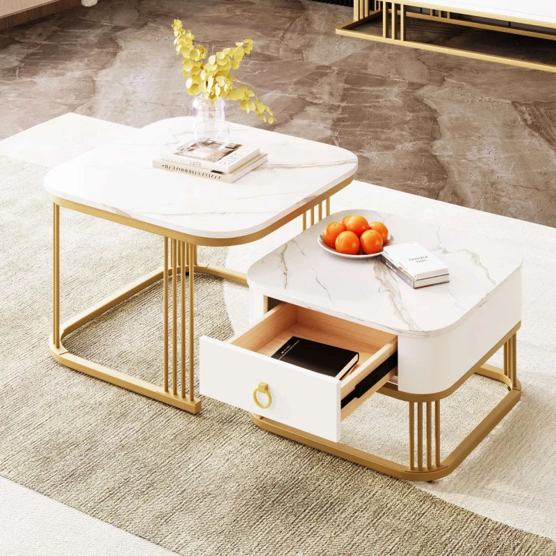 Nestable Coffee Table Set of Two with High Gloss Marble Top, Gold Accents, and Drawer, Perfect Side Tables for Living Room, 60x60x45 cm + 50x50x34 cm, White