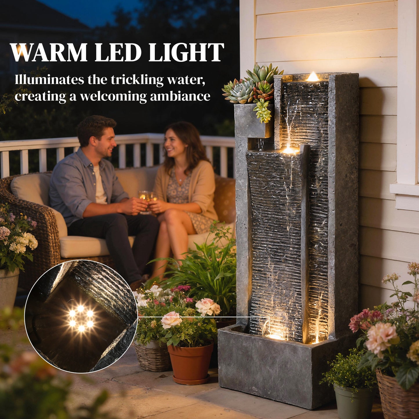 Outsunny Water Feature with LED Lights and Planter, 3-Tier Garden Water Fountain with Pump, Resin Waterfall Feature, Dark Grey