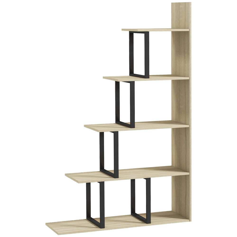 HOMCOM 5-Tier Bookcase, Wooden Ladder Bookshelf Display Stand, Oak