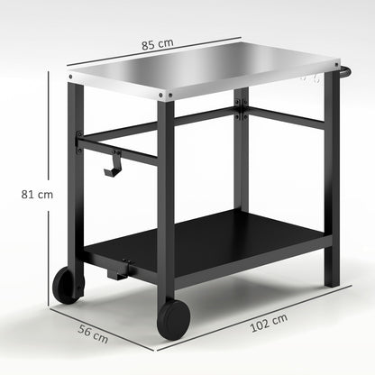 Outsunny Outdoor Grill Dining Cart 2-Shelf Movable Pizza Oven Table Stand with Stainless Steel Top, Portable BBQ Trolley Food Prep Outdoor Kitchen Barbecue Station with Hooks Wheels, Charcoal Grey