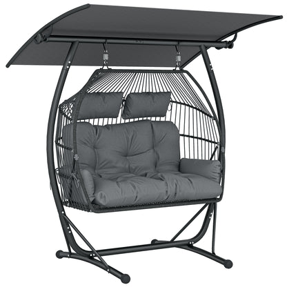 Outsunny Double Hanging Egg Chair with Canopy, Rattan Garden Egg Swing Chair with Cushion, Stand for Indoor Outdoor, Dark Grey