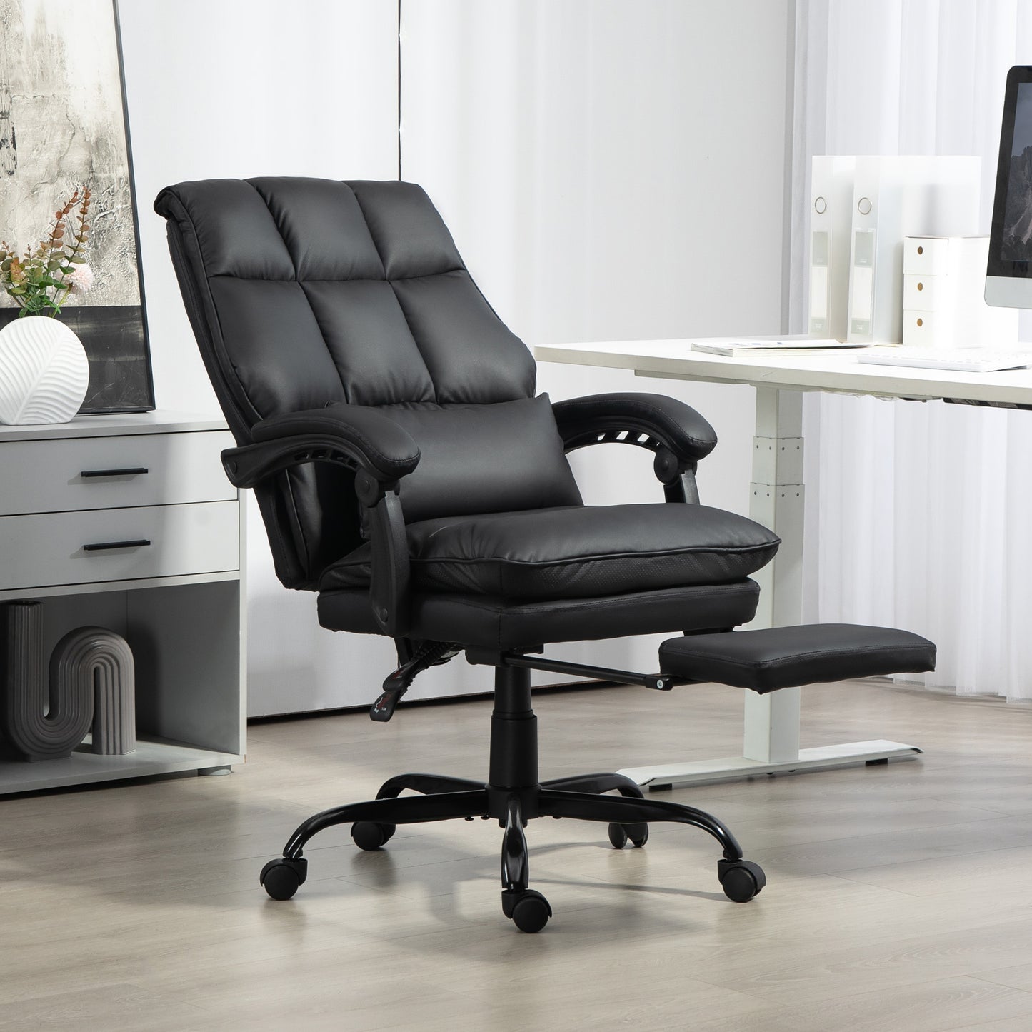 HOMCOM Faux Leather Reclining Office Chair, with Footrest - Black