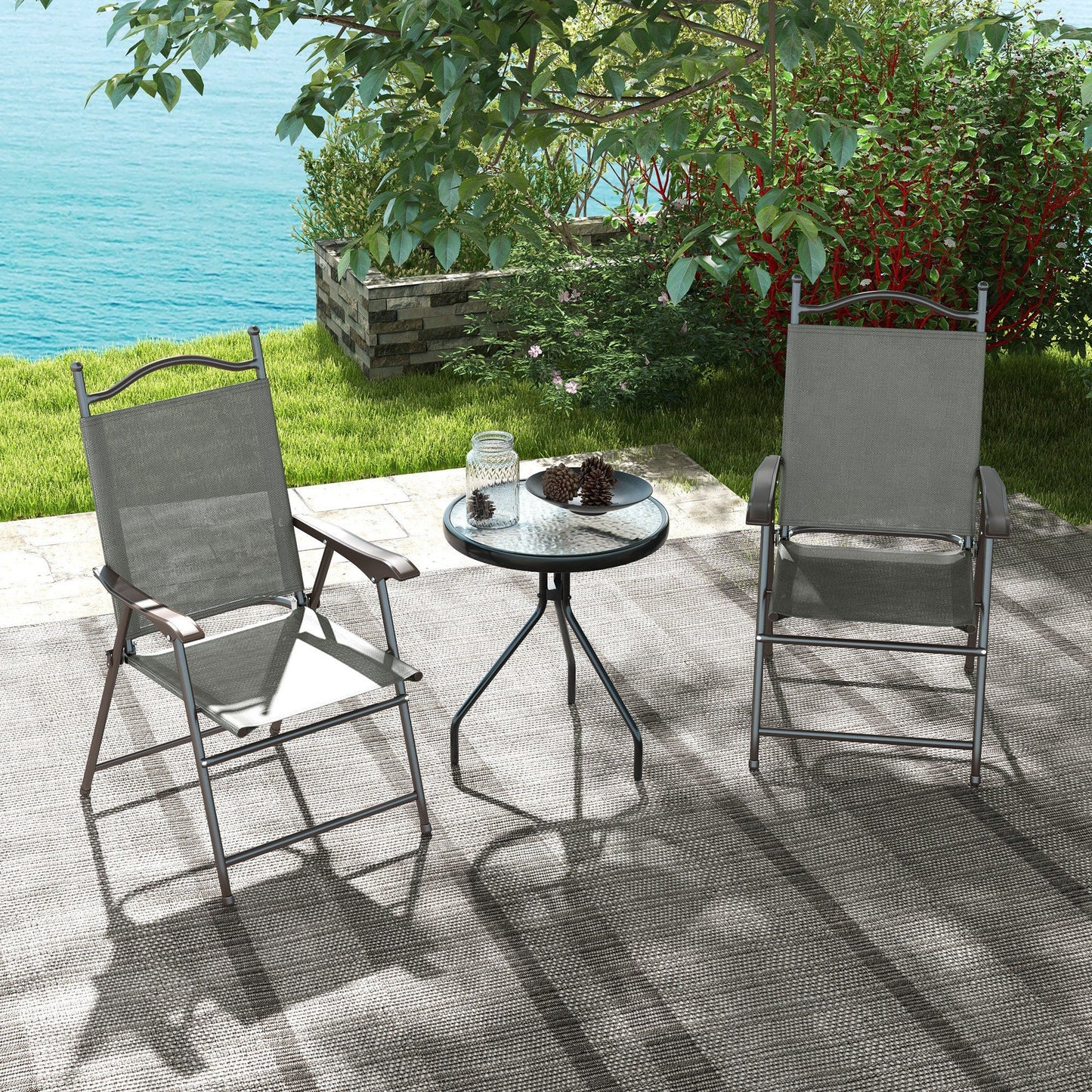 Outsunny Set of Two Folding Garden Chairs, with Fabric Mesh Seats - Dark Grey