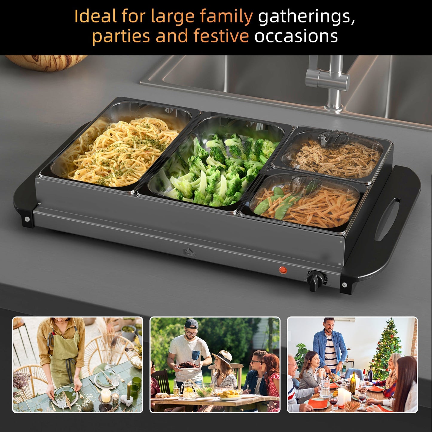 HOMCOM 4 Tray Electric Food Warmer Buffet Server with Warming Plate, Cool Touch Handles, Adjustable Temperature, 300W, 2 x 2.4L and 2 x 1L Pans