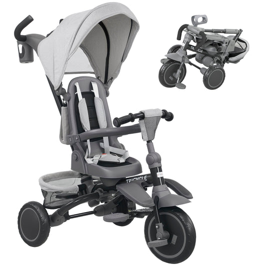 AIYAPLAY 6 in 1 Foldable Kids Trike with Adjustable Parent Handle & Canopy for Ages 1-5, Grey