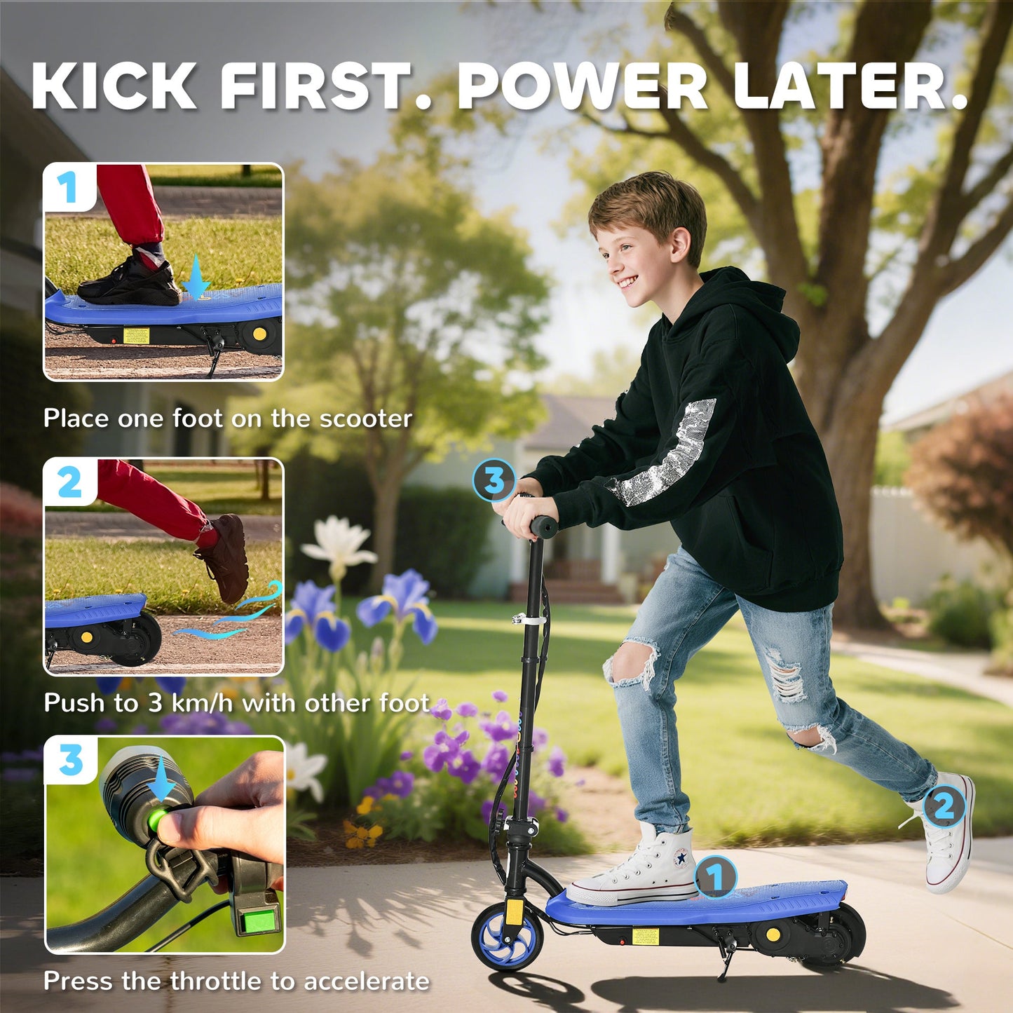 HOMCOM Foldable Electric Scooter, with LED Headlights, for Ages 7-14 Years, Blue