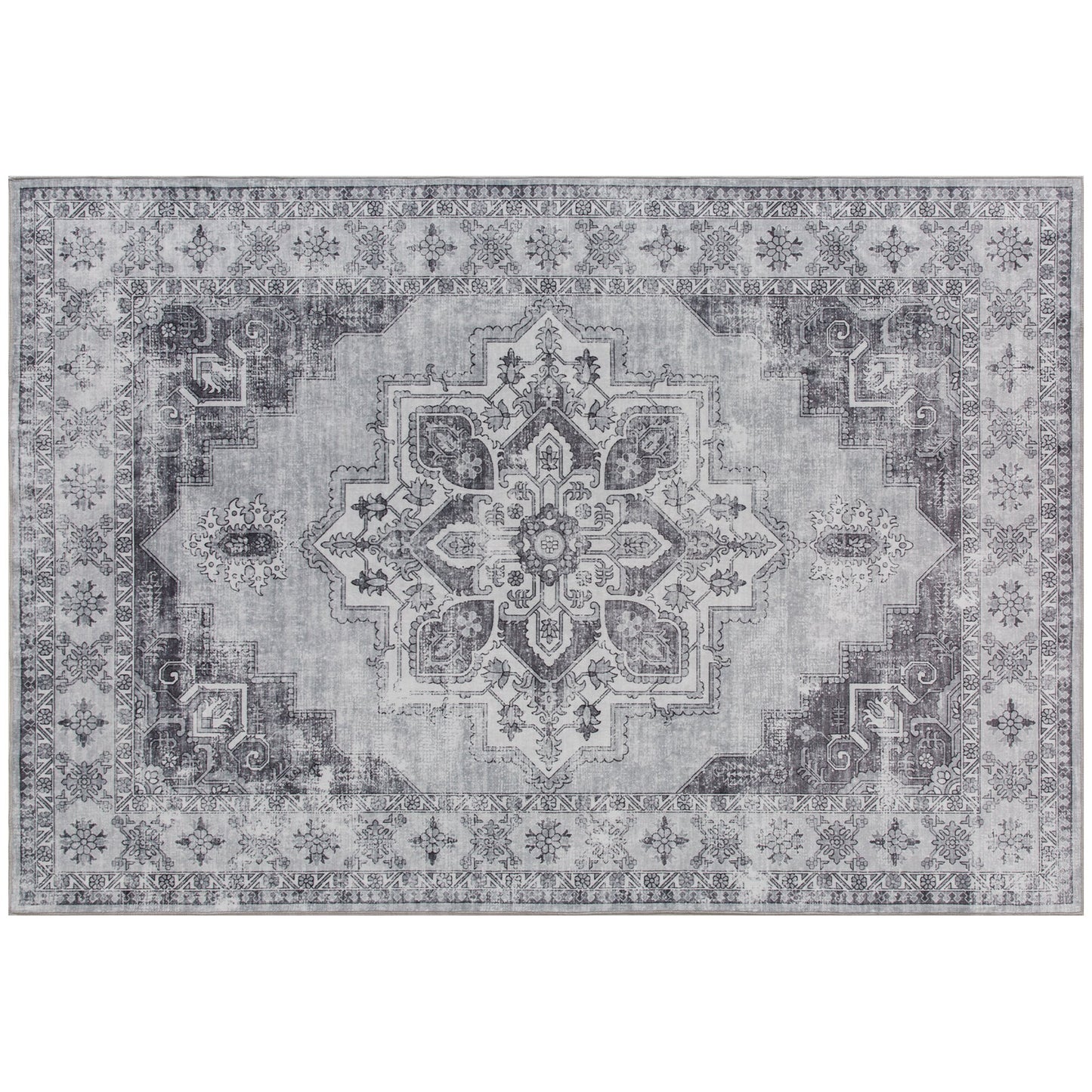 HOMCOM Vintage Area Rug, Non-Slip Washable Rug, Flannel Floor Carpet for Living Room, Bedroom, Dining Room, Home Office, 170 x 120 cm, Grey