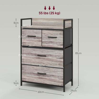 HOMCOM Rustic Chest of Four Fabric Drawers - Grey Wood Effect