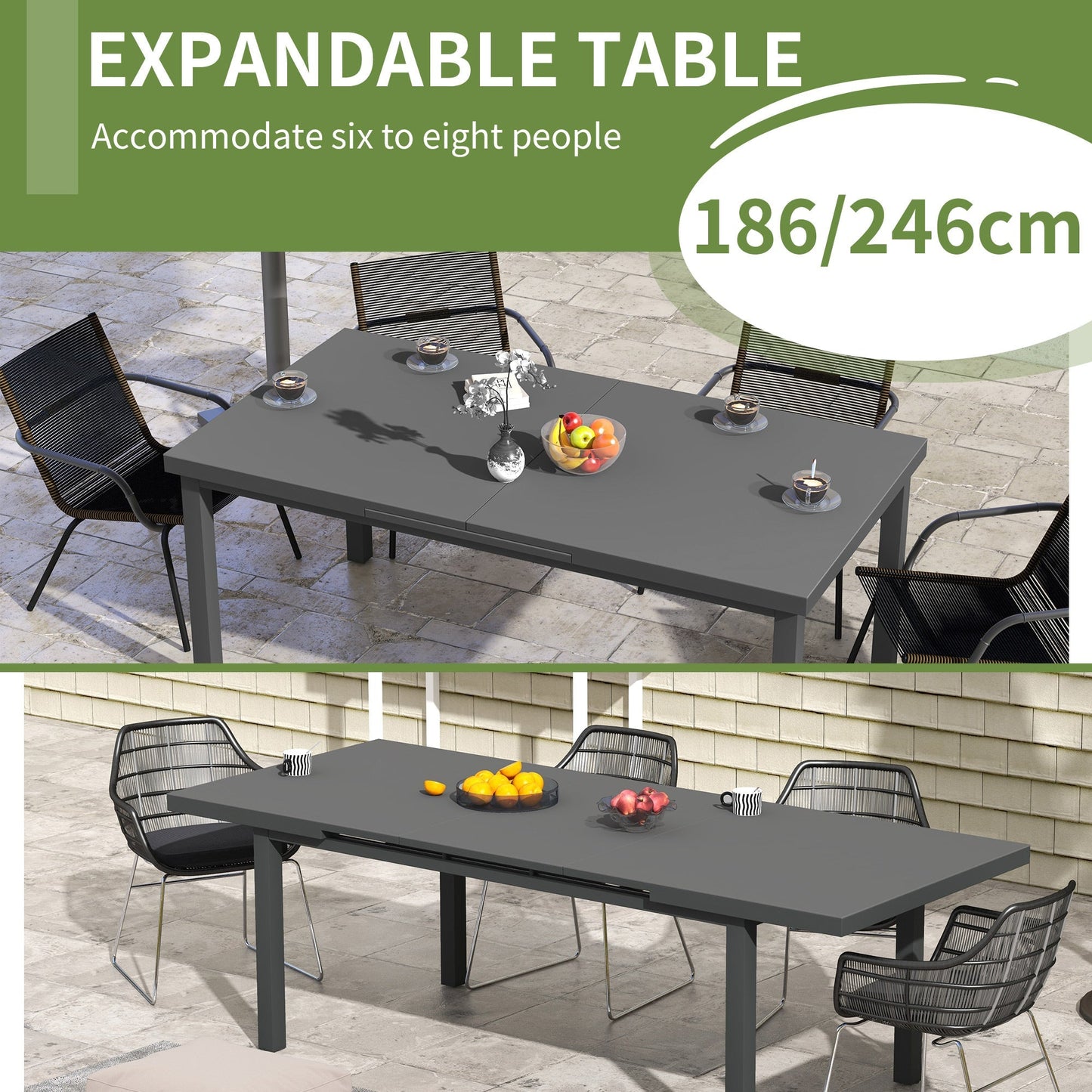 Outsunny Aluminium Garden Table for 6-8, 246 cm Extending Outdoor Dining Table Rectangle for Patio, Balcony - Charcoal Grey