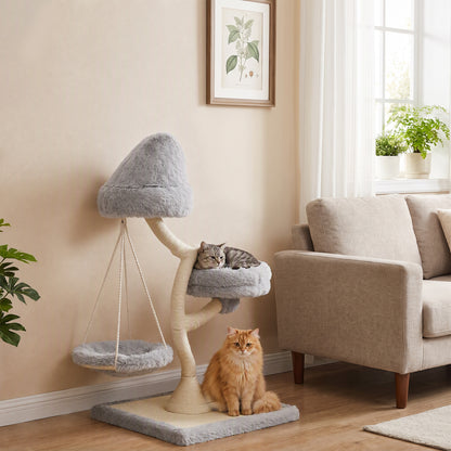 PawHut 115 cm Modern Cat Tree Tower for Large Cats with Sisal Scratching Post, Holds 1 Cat up to 6kg, Machine-Washable Beds