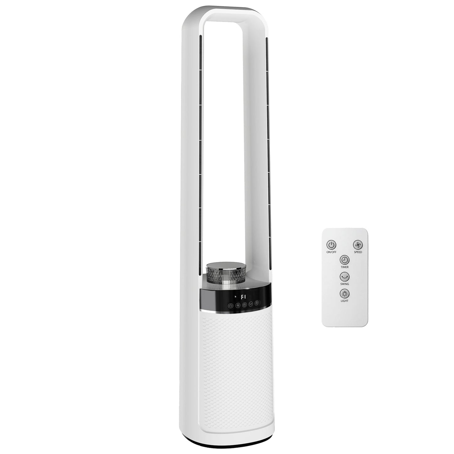 HOMCOM Bladeless Tower Fan, 36dB Standing Cooling Fan with 45 degrees Oscillating, LED Lights, 3 Speeds, 12H Timer, Remote Control