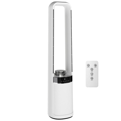 HOMCOM Bladeless Tower Fan, 36dB Standing Cooling Fan with 45 degrees Oscillating, LED Lights, 3 Speeds, 12H Timer, Remote Control