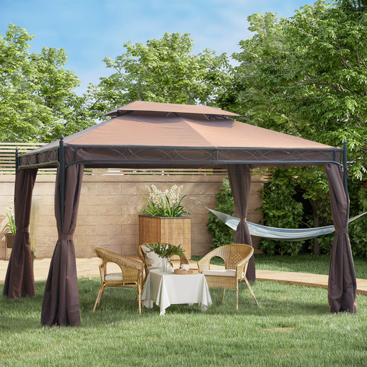 Outsunny 3 x 4m Garden Gazebo, Double Roof Marquee Canopy Shelter with Sidewalls, Solid Steel Frame for Garden, Lawn, Backyard and Deck
