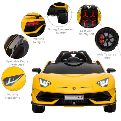 12V Battery-powered Kids Electric Ride On Car Lamborghini Aventador Sports Racing Car Toy with Parental Remote Control Lights Yellow