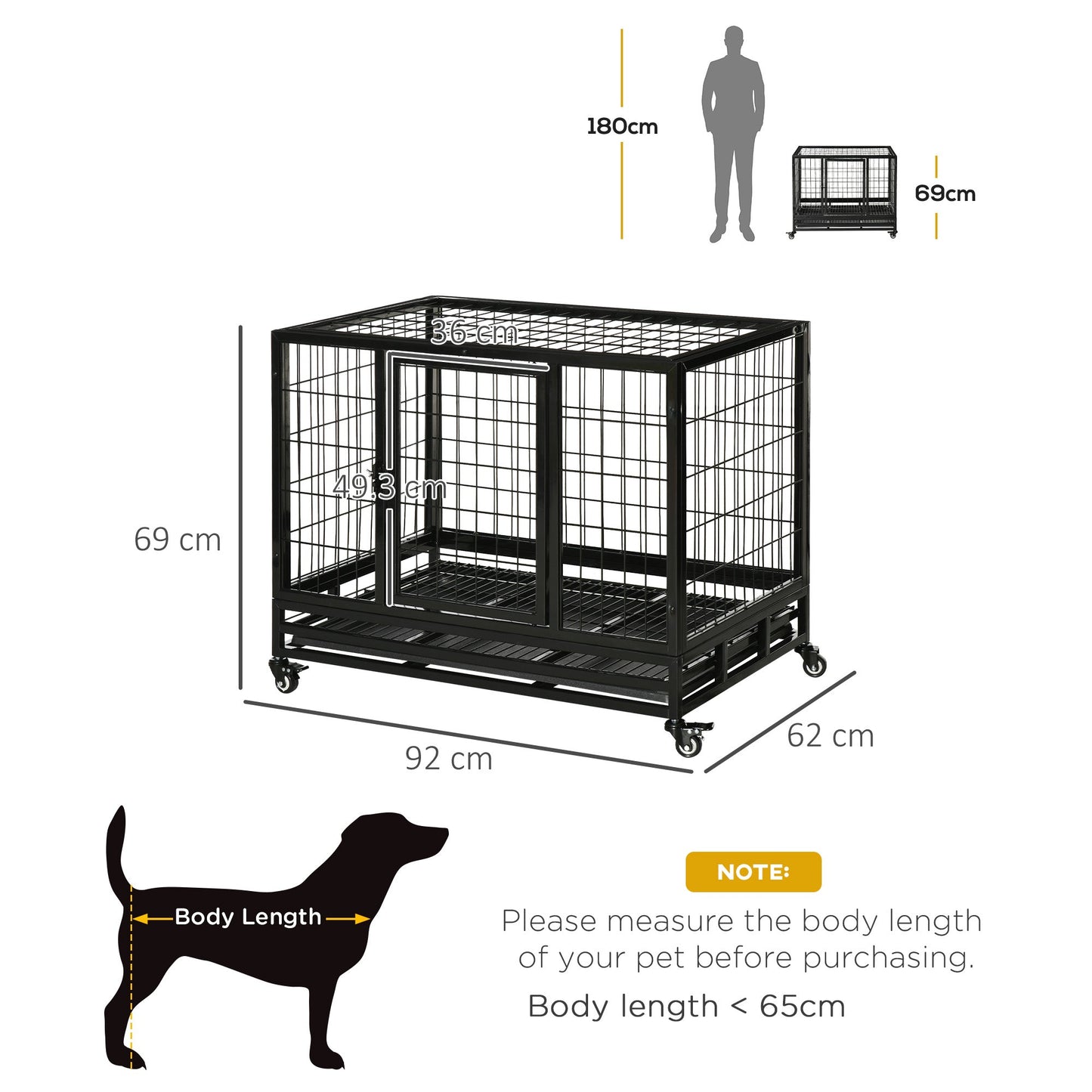 PawHut 36" Heavy Duty Metal Dog Crate Pet Cage with Tray Wheeled Dog Kennel - Black (Medium)