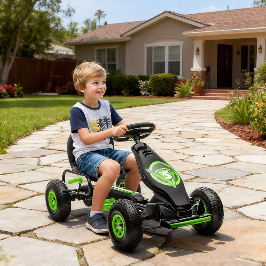 HOMCOM Kids Pedal Go Kart, with Adjustable Seat, Inflatable Tyres - Green