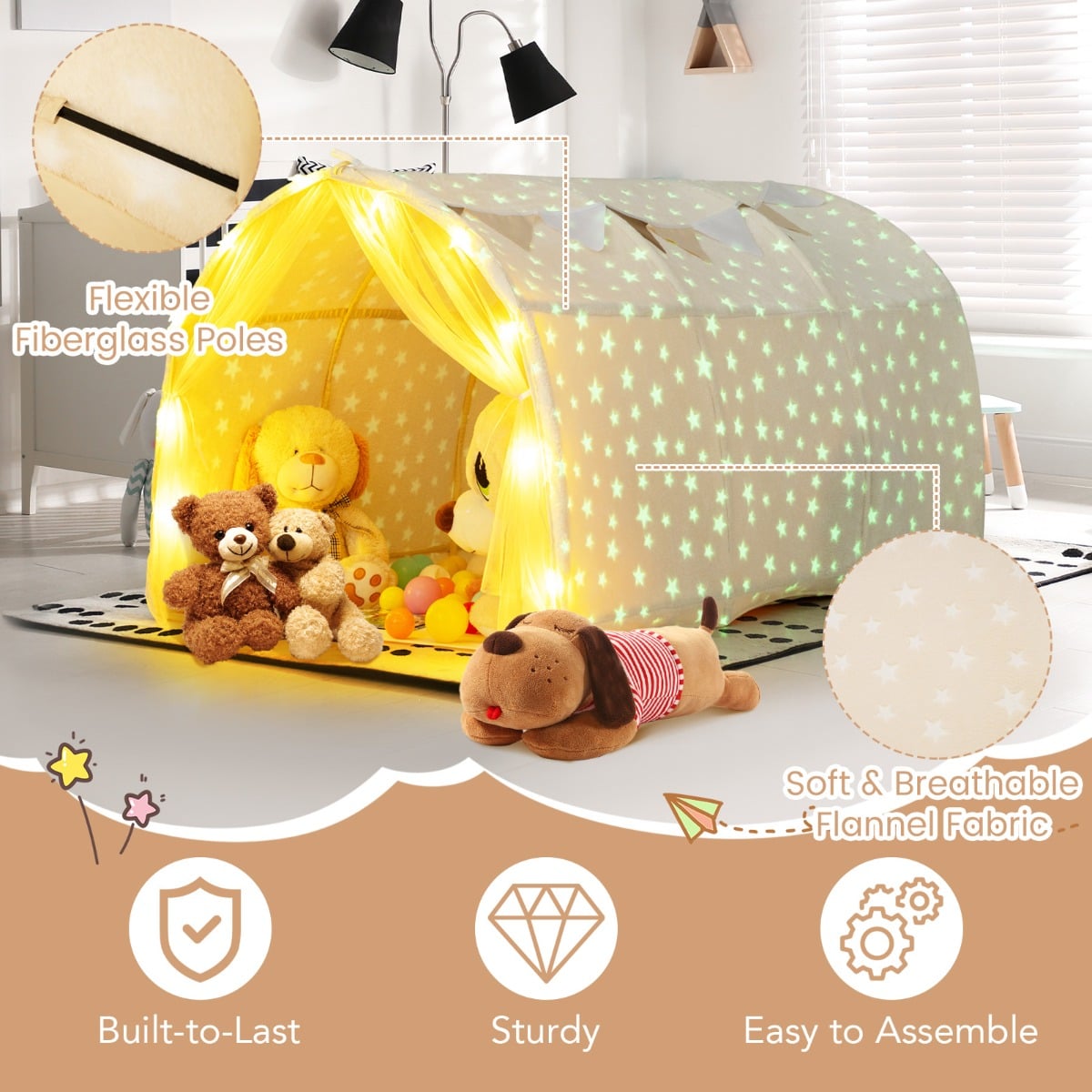 Magical Twin Bunk Bed Privacy Space with Glow in the Dark Stars-Beige