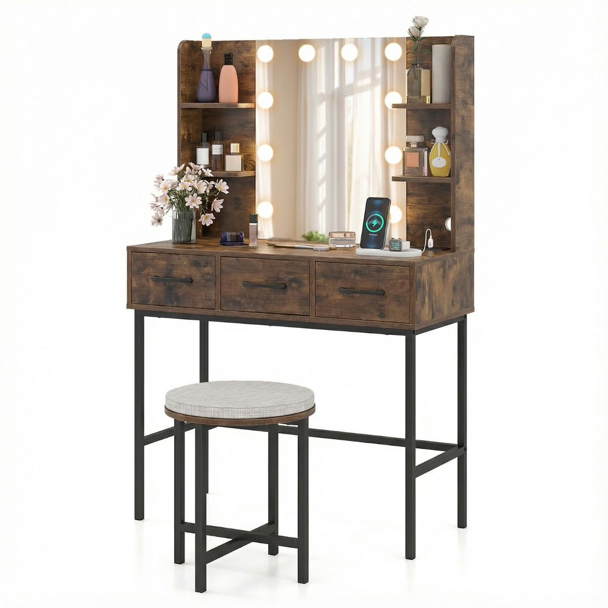 Makeup Dressing Table and Cushioned Stool Set with Power Outlets-Rustic Brown