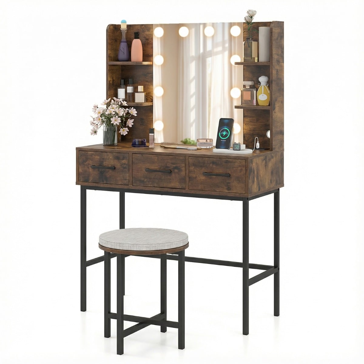 Makeup Dressing Table and Cushioned Stool Set with Power Outlets-Rustic Brown